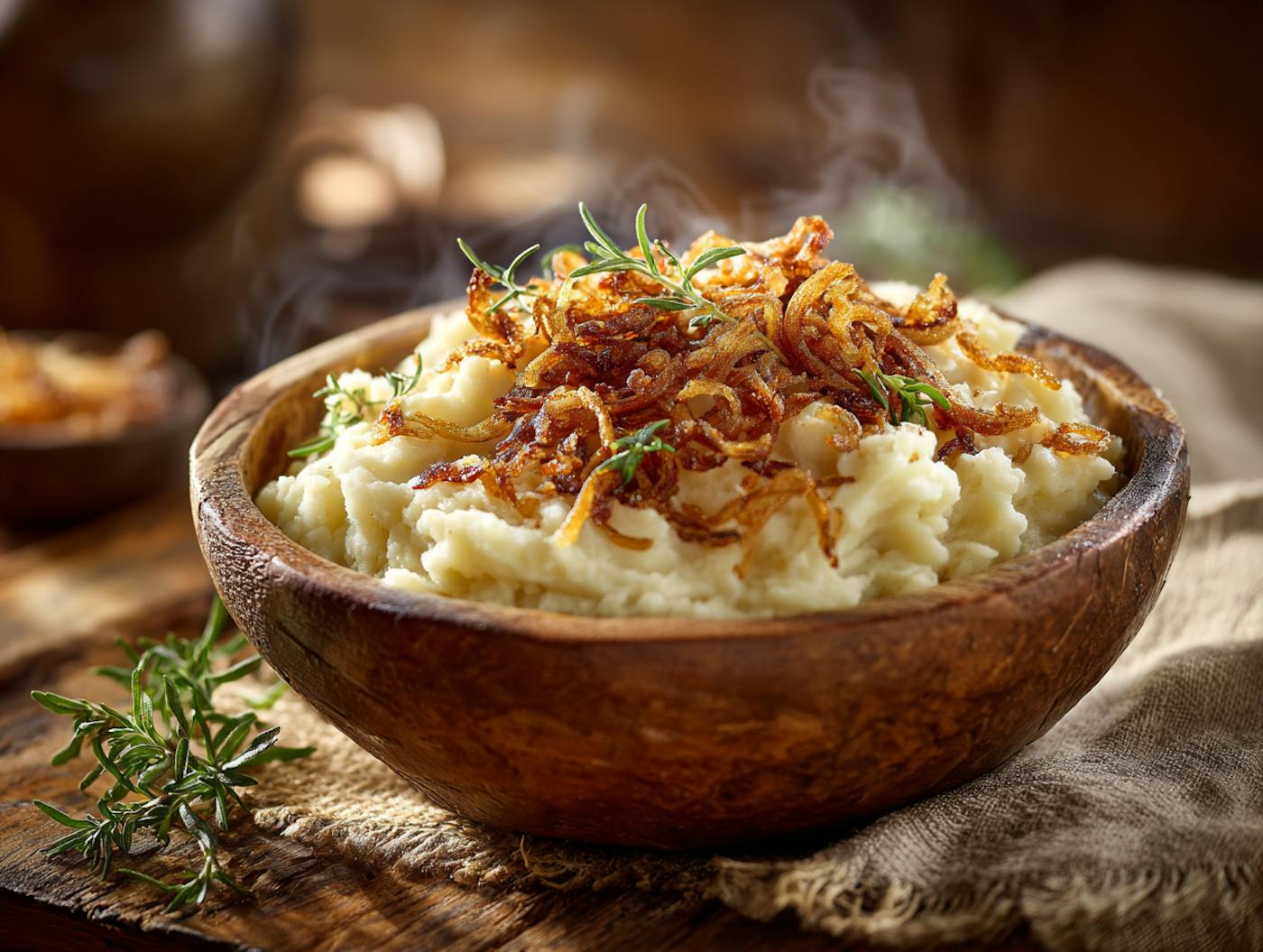 Cremiges Kartoffelpüree mit goldbraunen Röstzwiebeln, garniert mit frischen Kräutern – serviert in einer rustikalen Holzschale. Ein herzhaftes Wohlfühlgericht, perfekt für gemütliche Abende und deftige Hausmannskost.