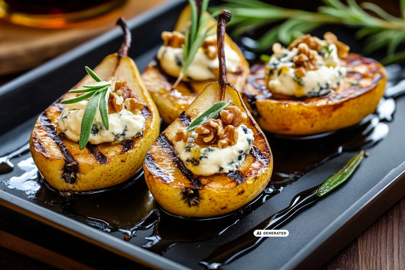 Gegrillte Birnenhälften mit Käsecreme, Walnüssen und Rosmarin auf schwarzem Tablett, mit Sauce oder Glasur beträufelt. Gegrillte Birnenhälften mit Käsecreme, Walnüssen und Rosmarin auf schwarzem Tablett, mit Sauce oder Glasur beträufelt. - teilweise KI-generiert