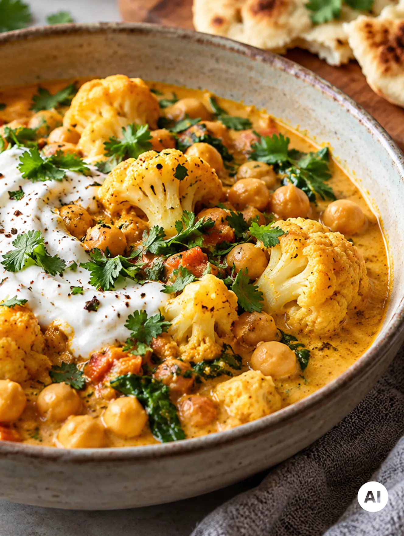 Cremiges One-Pot Karfiol-Kichererbsen-Curry mit NÖM PRO Skyr Natur, zarten Karfiolröschen, Kichererbsen, Karotten und frischem Blattspinat in einer goldgelben, würzigen Currysauce. Das vegetarische Gericht ist mit einem Klecks cremigem Skyr, frischem Koriander und schwarzem Pfeffer garniert und wird in einer rustikalen Keramikschüssel serviert. Im Hintergrund liegt knuspriges Fladenbrot. - teilweise KI-generiert