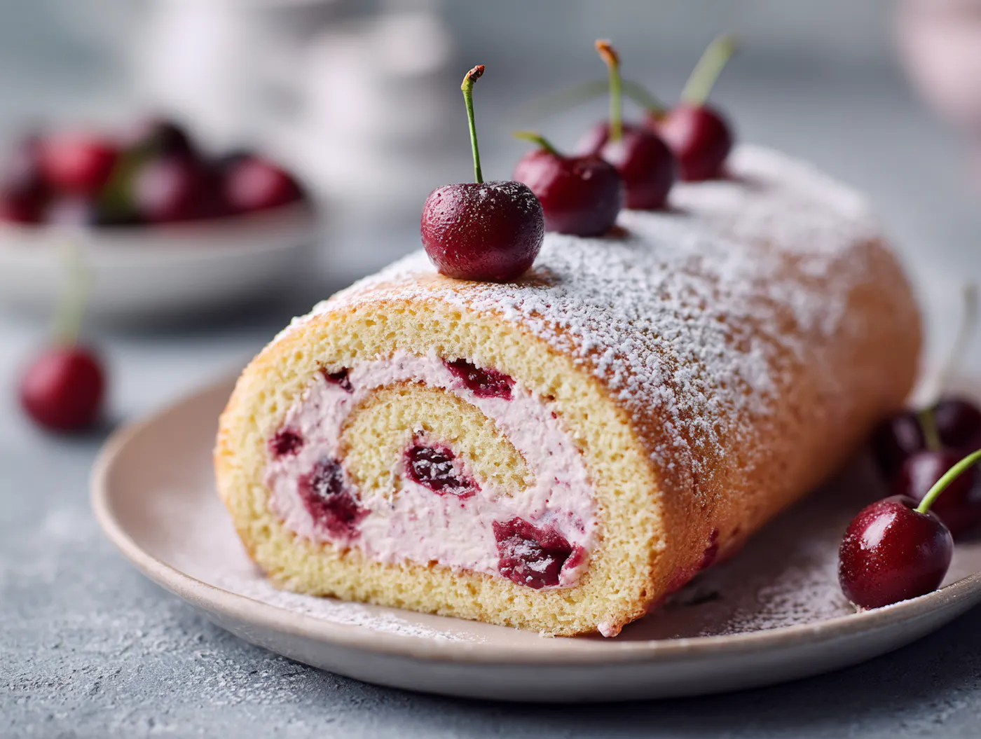 Eine Biskuitroulade gefüllt mit Kirschcreme und frischen Kirschen.