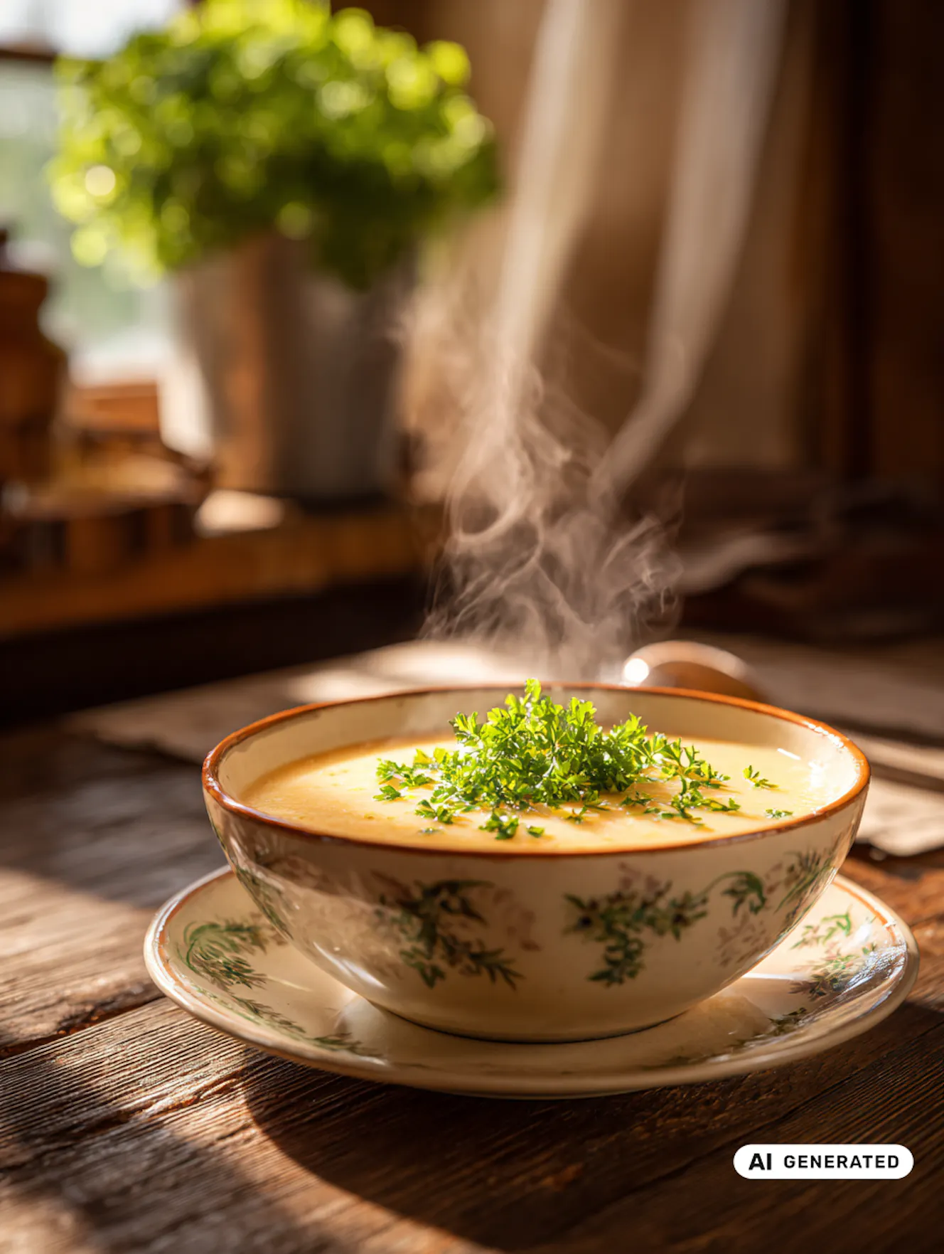 Schüssel dampfende Suppe mit Kräutern auf Holz­tisch, florales Design, Sonnenlicht fällt durchs Fenster im Hintergrund. - teilweise KI-generiert