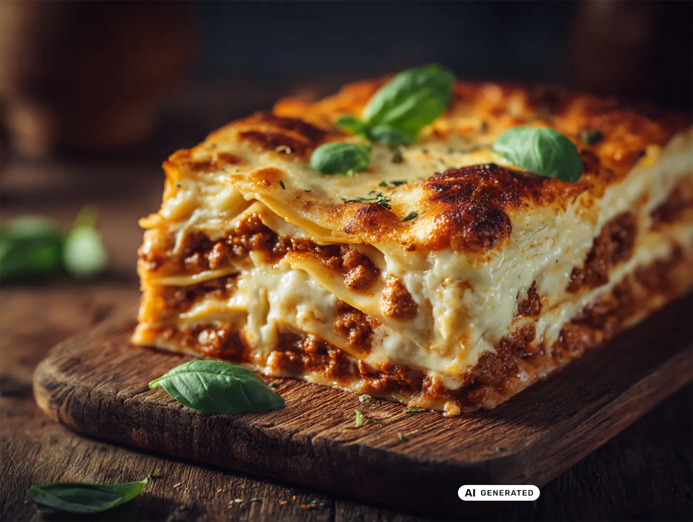 Eine klassisch geschichtete Lasagne mit Nudelplatten, Bolognese und Bechamel. Garniert ist das Ganze mit frischem Basilikum und auf einer rustikalen Holzplatte angerichtet. - teilweise KI-generiert
