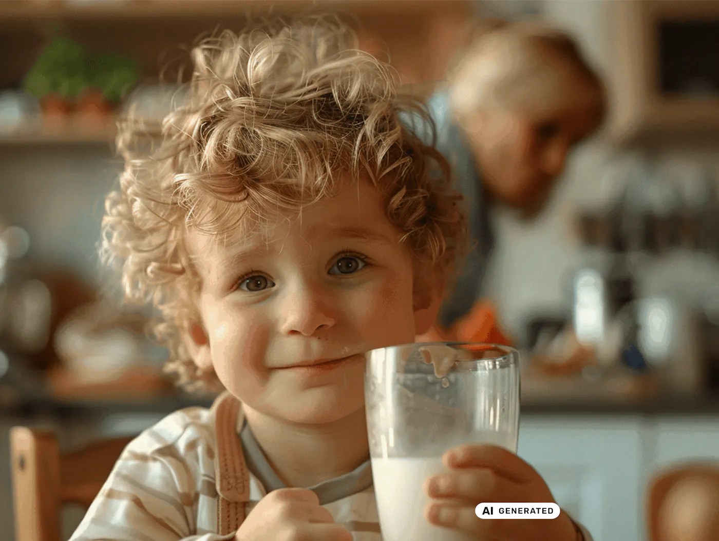 Ein kleiner blonder Bub sitzt in der Küche und trinkt Milch aus einem Glas Ein kleiner blonder Bub sitzt in der Küche und trinkt Milch aus einem Glas - teilweise KI-generiert