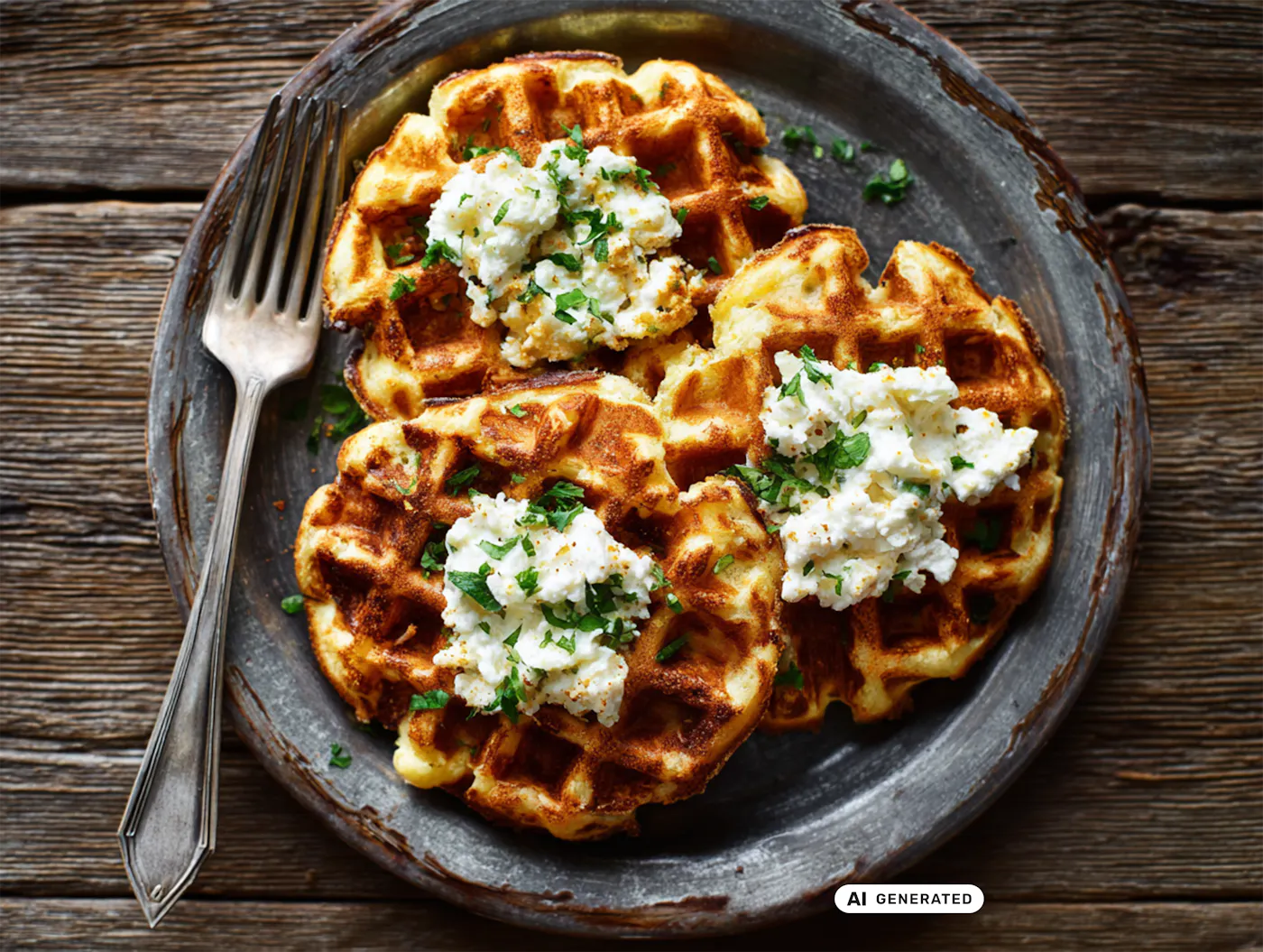 knusprige Kartoffel-Waffeln getoppt mit cremigem Cottage Cheese auf einem rustikalen Holztisch - teilweise KI-generiert