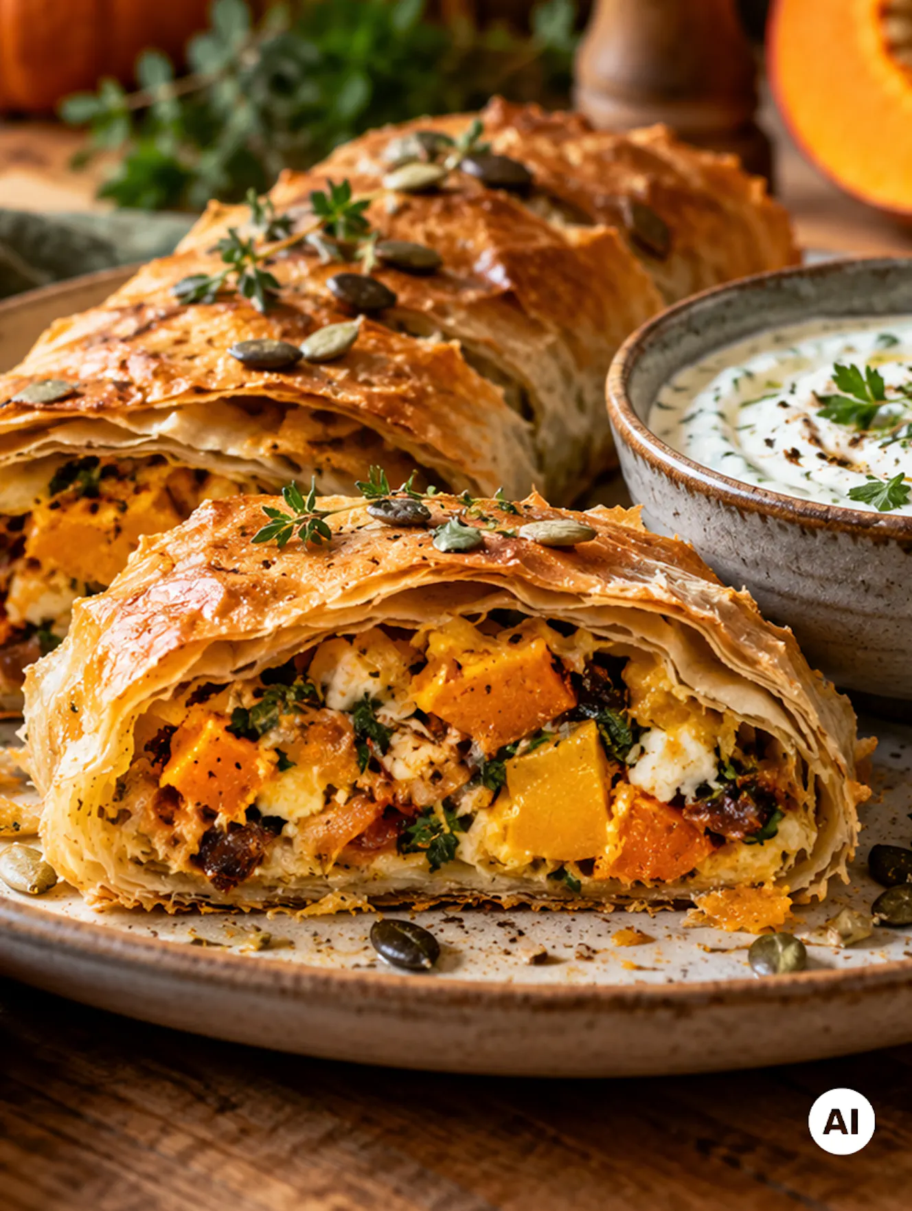 Goldbraun gebackener Kürbisstrudel aus knusprigem Strudelteig mit einer herzhaften Füllung aus Hokkaidokürbis, Feta und frischen Kräutern. Der angeschnittene Strudel ist mit Kürbiskernen und Thymian garniert und wird auf einem rustikalen Keramikteller mit cremigem Kräuterdip aus NÖM PRO Skyr Natur serviert. Ein vegetarisches Herbstgericht mit Kürbis und proteinreichem Skyr. - teilweise KI-generiert