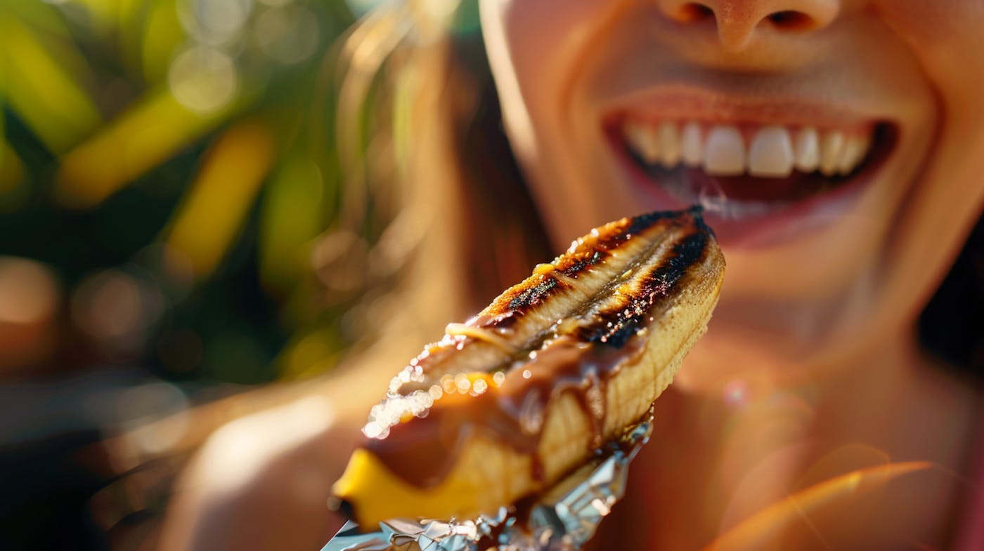 Lachende Person mit Dessertbanane
