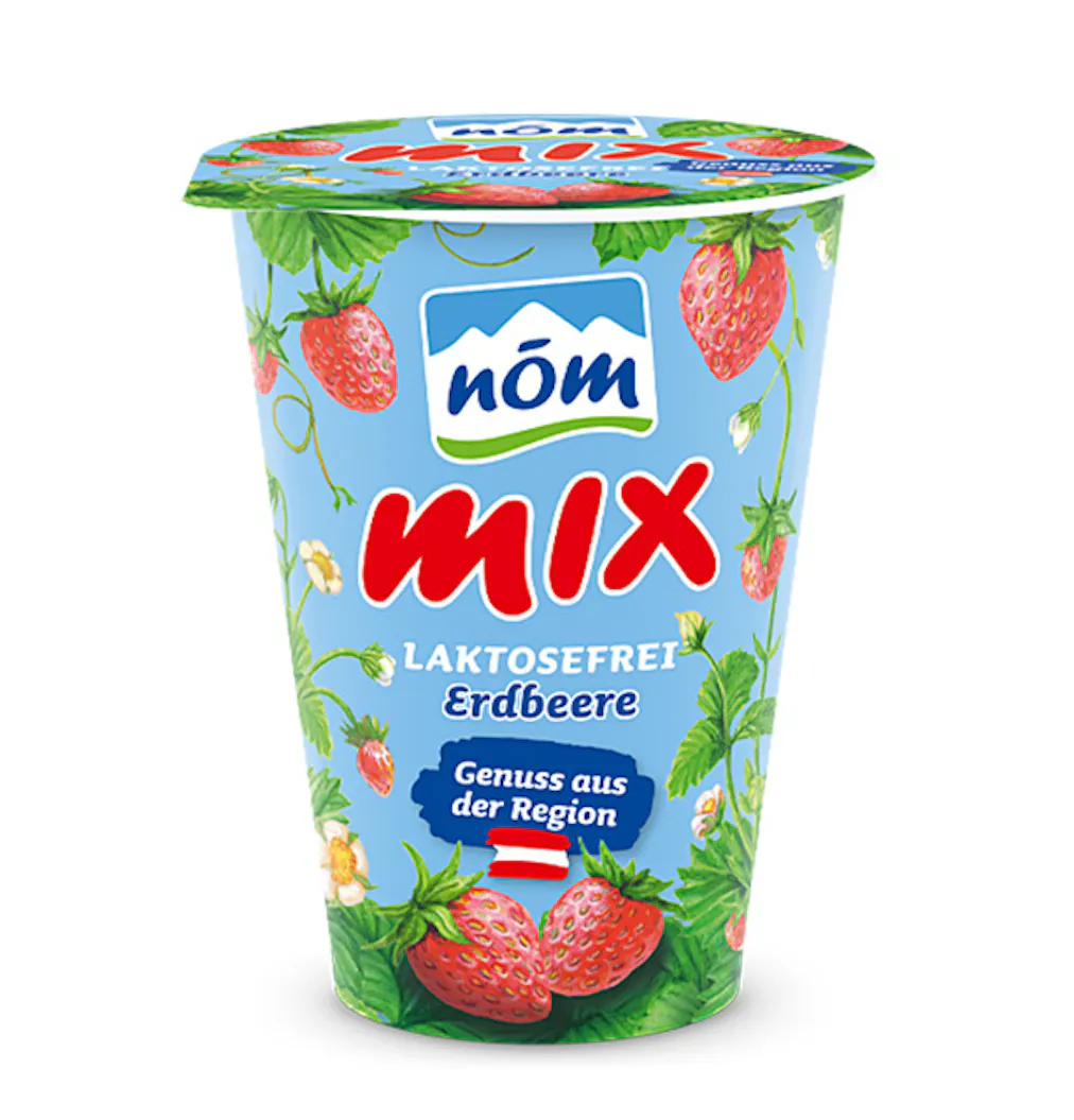 NÖM mix laktosefrei Erdbeere im 180 g Kartonmantelbecher gezeichnet