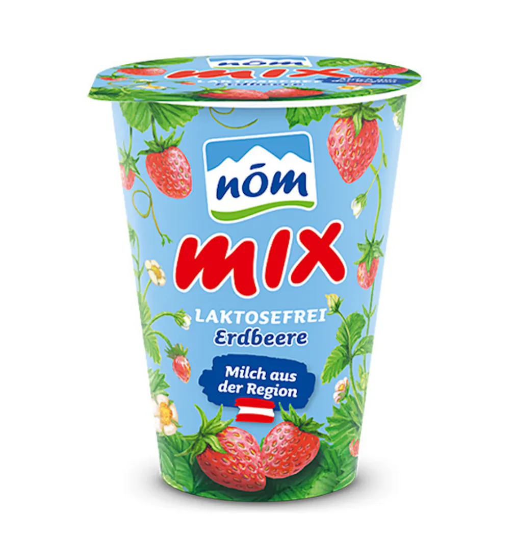 NÖM mix laktosefrei Erdbeere im 180 g Kartonmantelbecher gezeichnet NÖM mix laktosefrei Erdbeere im 180 g Kartonmantelbecher gezeichnet