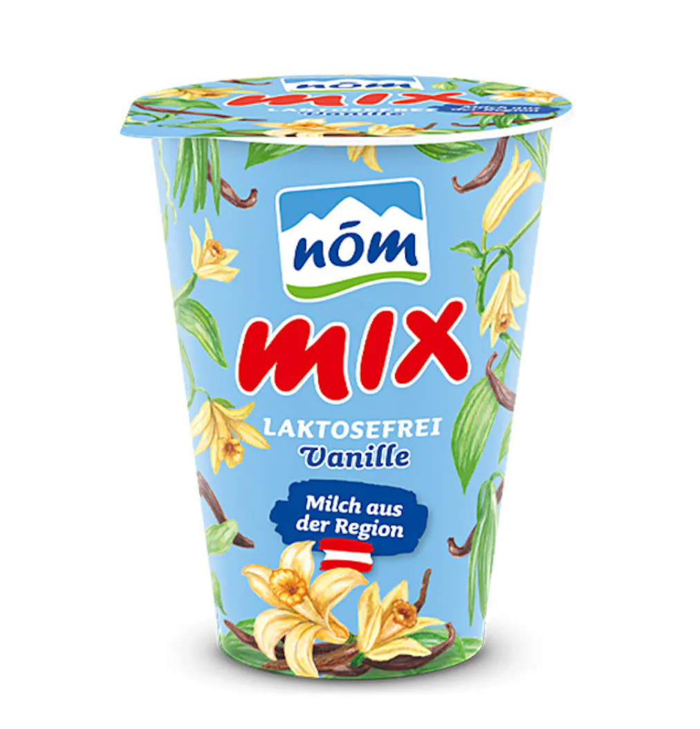 NÖM mix Vanille laktosefrei Joghurt im Becher gezeichnet NÖM mix Vanille laktosefrei Joghurt im Becher gezeichnet