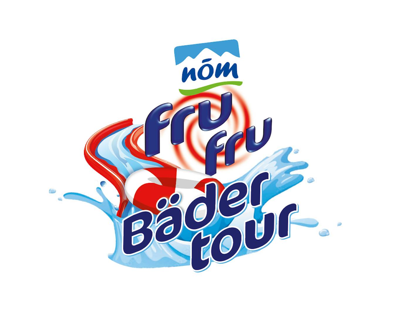 Logo frufru Bädertour mit einem Wasser Splash und Schwimmring im Hintergrund