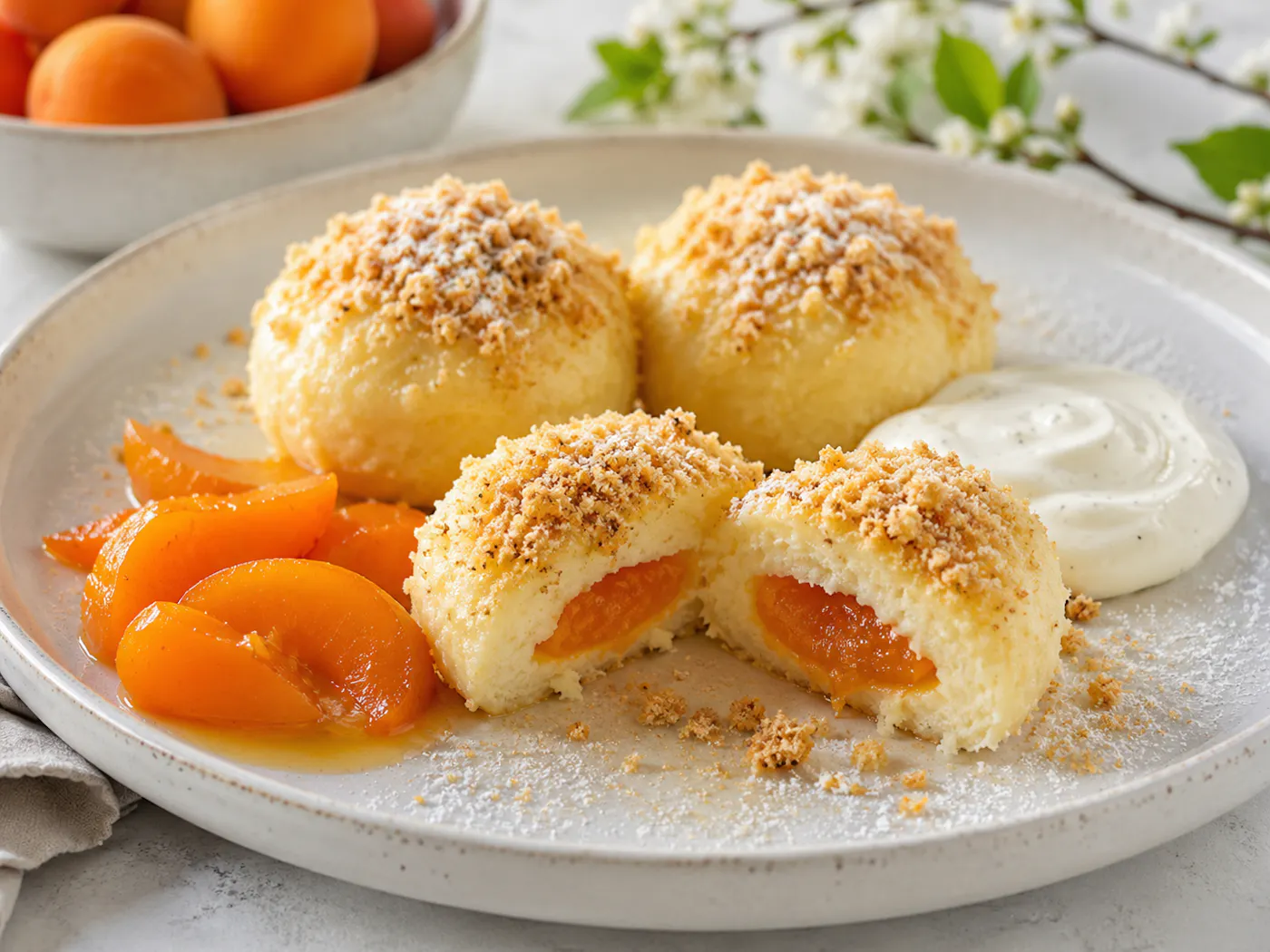 Marillen-Topfen-Knödel in Butterbrösel mit Vanille-Sauerrahm auf einem weißen Teller