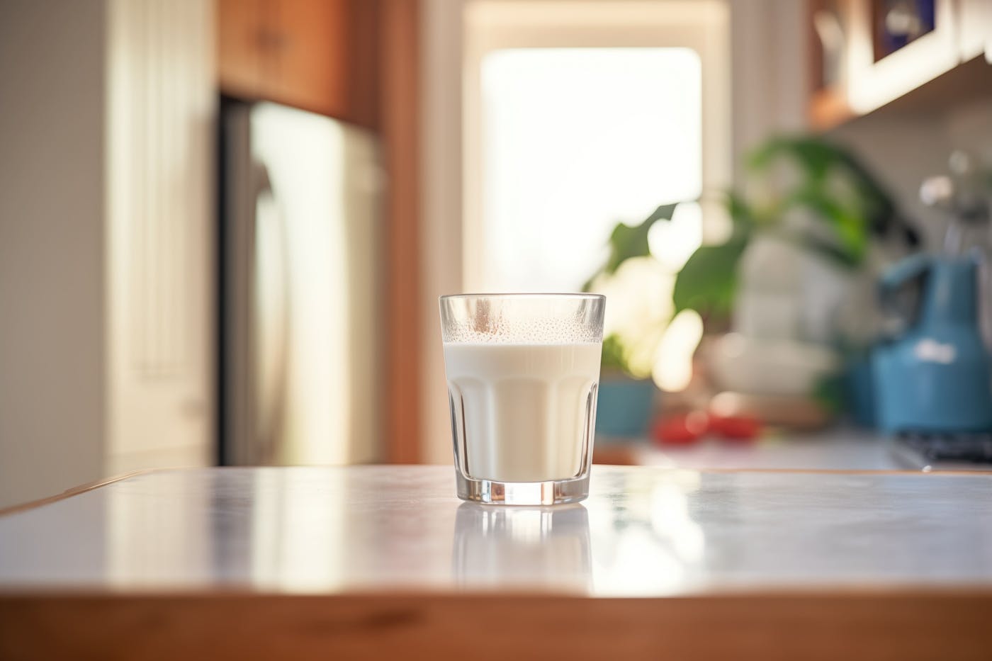 Ein volles Glas Milch steht auf einer Küchenarbeitsplatte im warmen Sonnenlicht mit unscharfer Kücheneinrichtung im Hintergrund