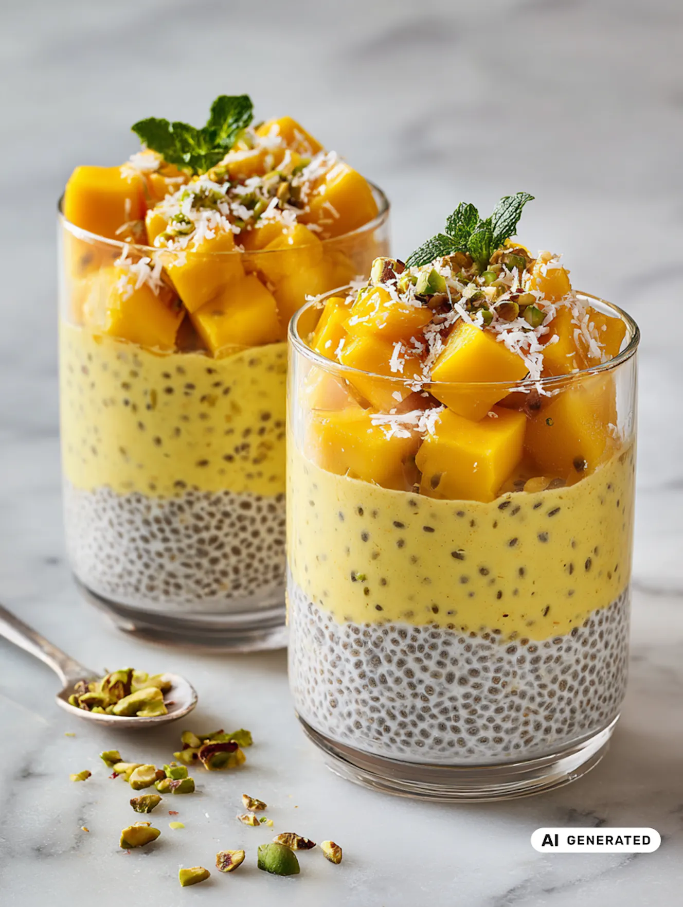 Mango-Maracuja Protein Chia Pudding im Glas getoppt mit Kokos und Minze - teilweise KI-generiert