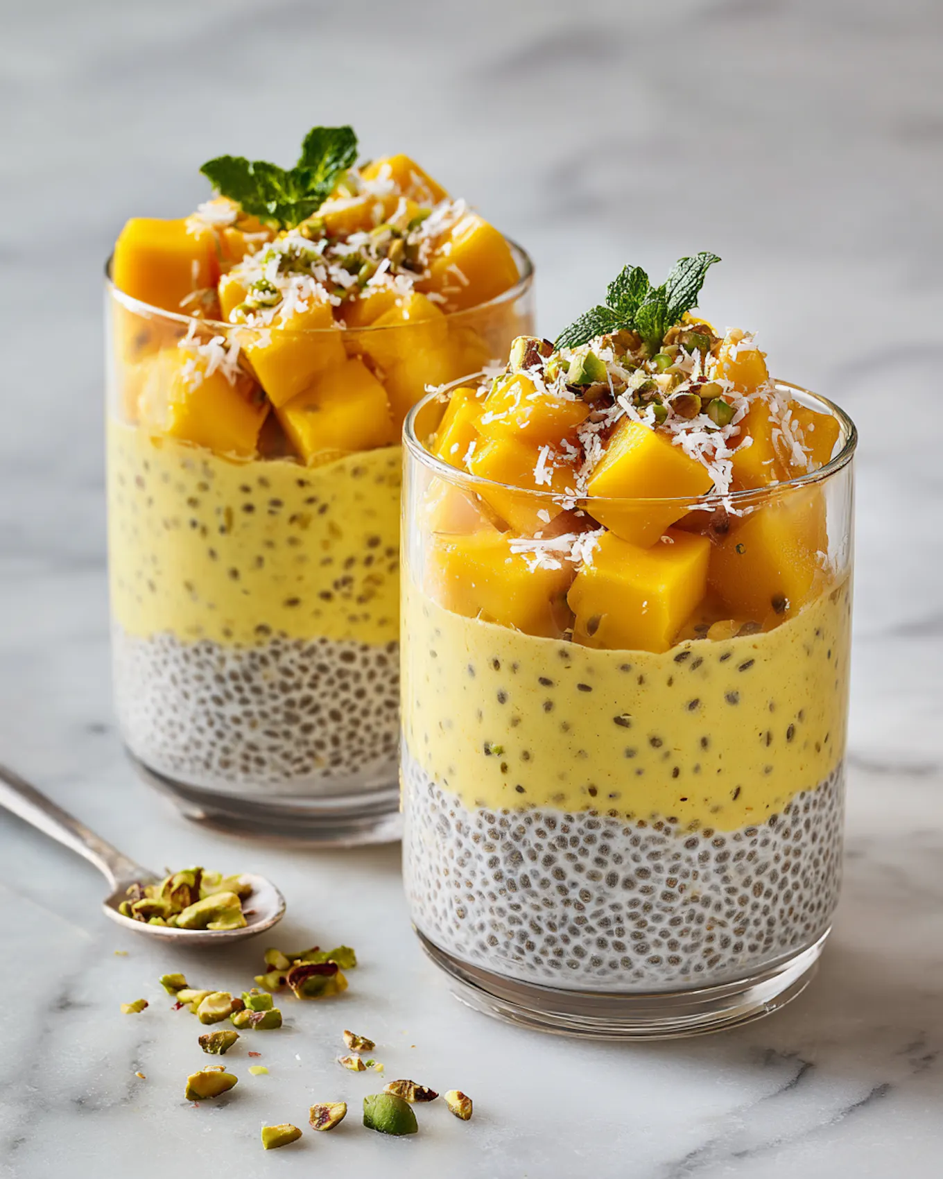 Mango-Maracuja Protein Chia Pudding im Glas getoppt mit Kokos und Minze