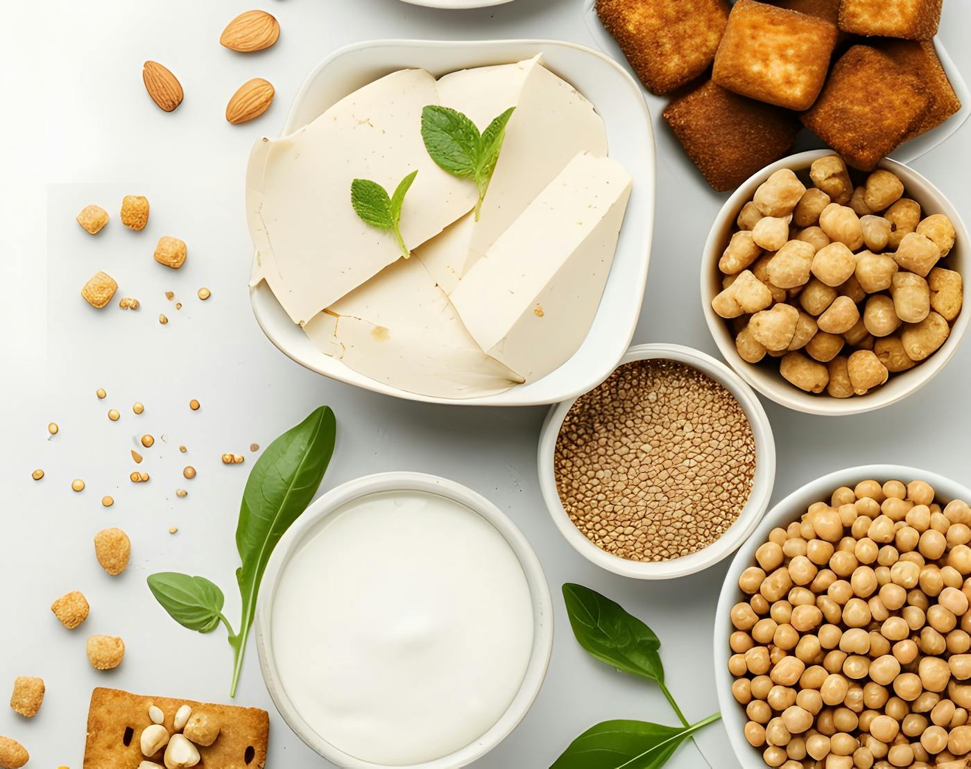 Pflanzliche Quellen von Aminosaeuren wie Soja, Quinoa, Nüsse und Hülsenfrüchte