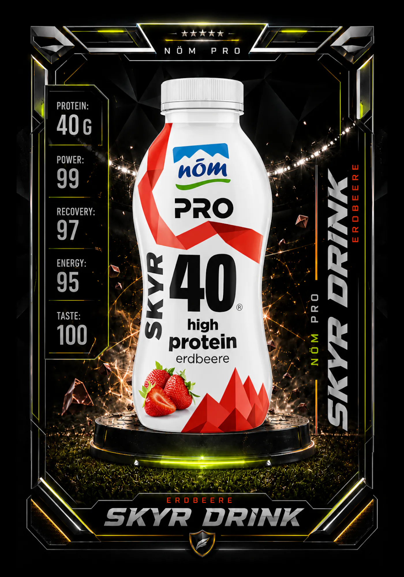 Der NÖM PRO Skyr Drink Erdbeere im Layout einer Spielkarte