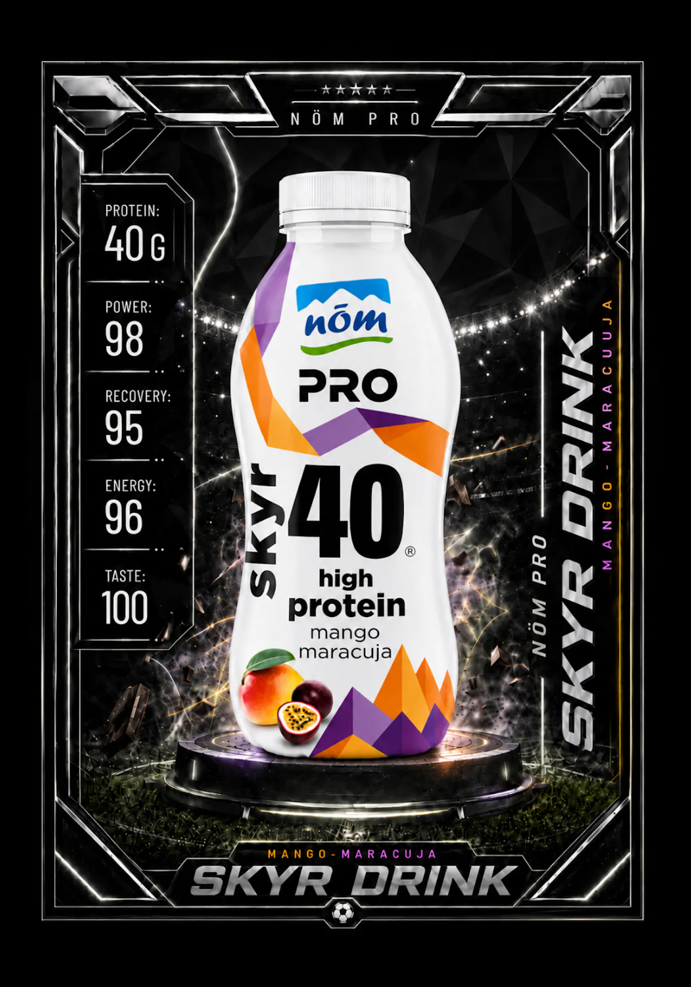 Der NÖM PRO Skyr Drink Mango Maracuja im Layout einer Spielkarte