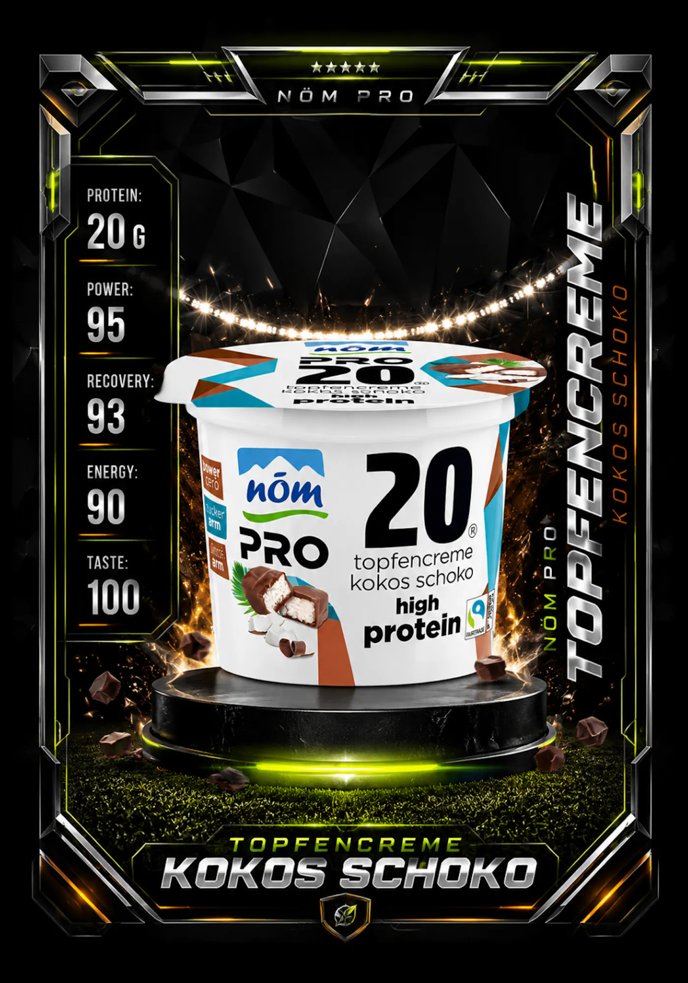 Die NÖM PRO Topfencreme Kokos Schoko im Layout einer Spielkarte