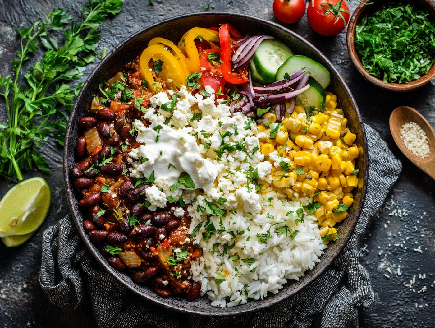 Eine Schüssel gefüllt mit buntem Gemüse, Reis und faschiertem Fleisch umgeben von frischen Kräutern und anderen Zutaten