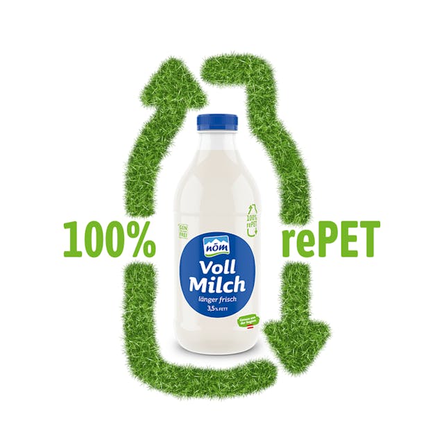 NÖM Vollmilchflasche mit blauem Deckel, 3,5 % Fett, umgeben von grünem Recycling-Symbol mit Hinweis auf 100 % rePET-Verpackung.