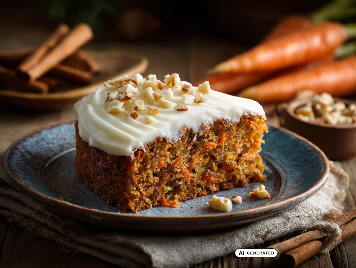 Saftiger Karottenkuchen mit Joghurt-Topping und mit Nüssen bestreut auf einem rustikalen Teller - teilweise KI-generiert