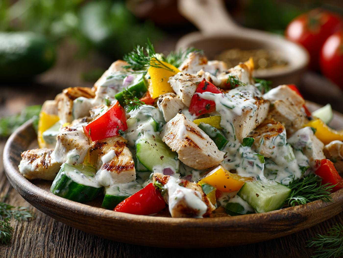 Salat mit frischem Gemüse und Hähnchen getoppt mit einem Dressing aus Skyr und frischen Kräutern