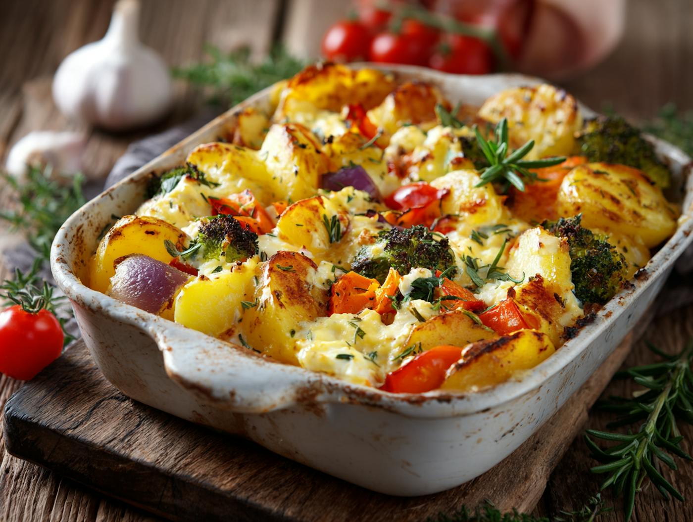 Eine Auflaufform gefüllt mit Kartoffeln und verschiedensten Gemüsesorten, getoppt mit Skyr und frischen Kräutern, während im Hintergrund weitere Zutaten zu sehen sind.