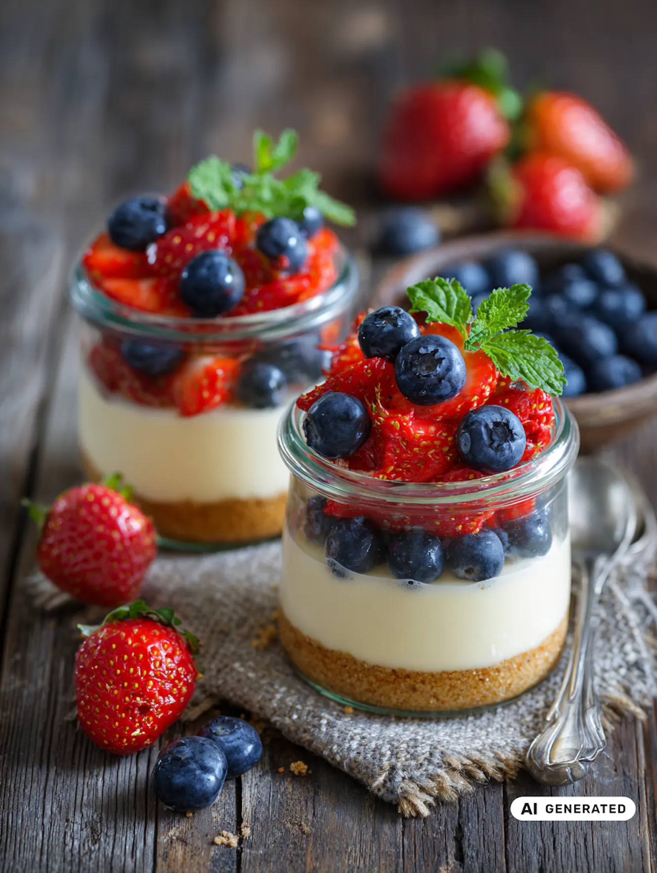 Zwei Dessertgläser mit Keksboden, Cremefüllung und Beeren-Topping, umgeben von frischen Erdbeeren und Heidelbeeren. - teilweise KI-generiert