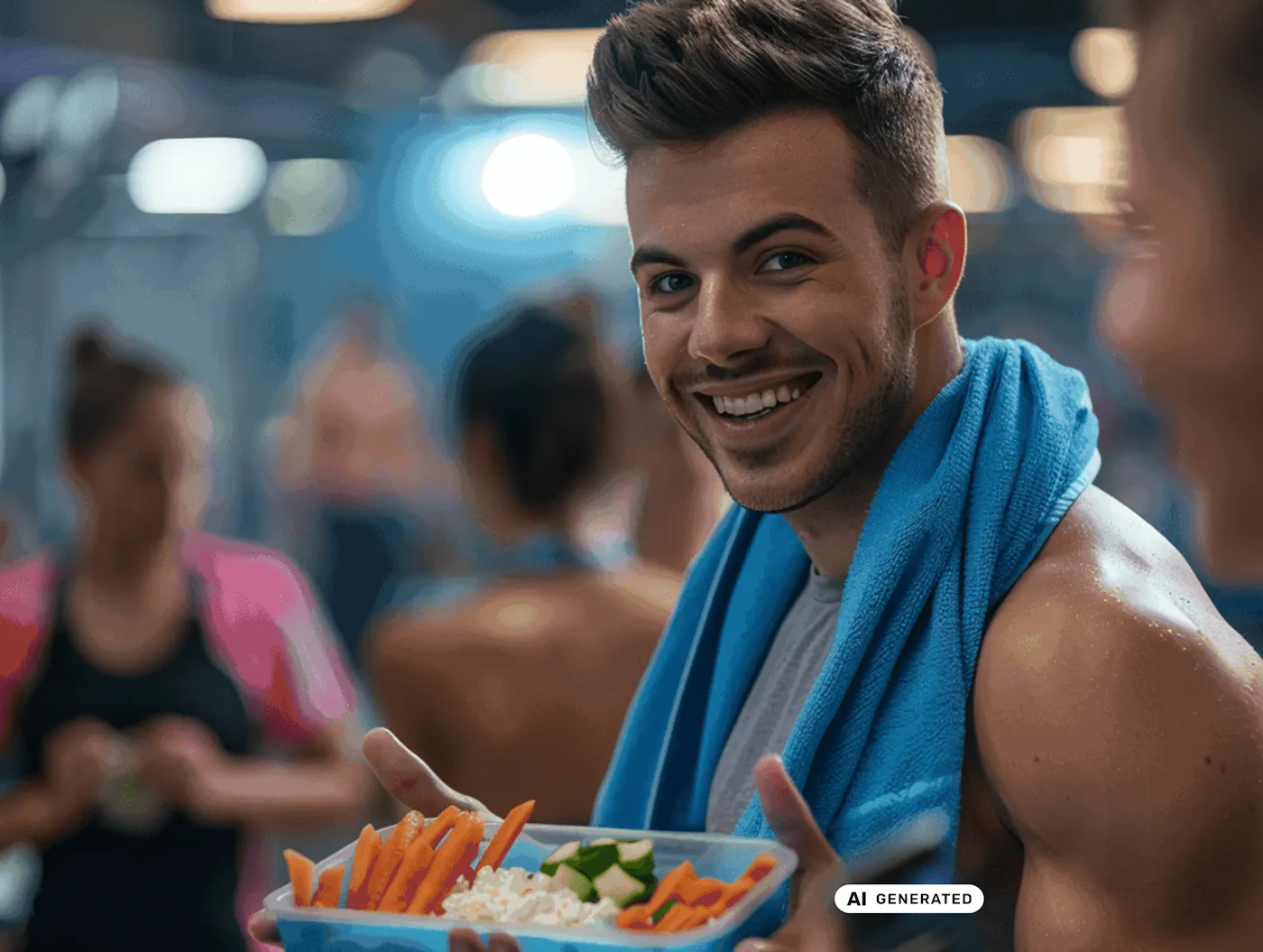 Sportlicher junger Mann isst im Fitnessstudio Gemüsesticks mit Cottage Cheese Sportlicher junger Mann isst im Fitnessstudio Gemüsesticks mit Cottage Cheese - teilweise KI-generiert