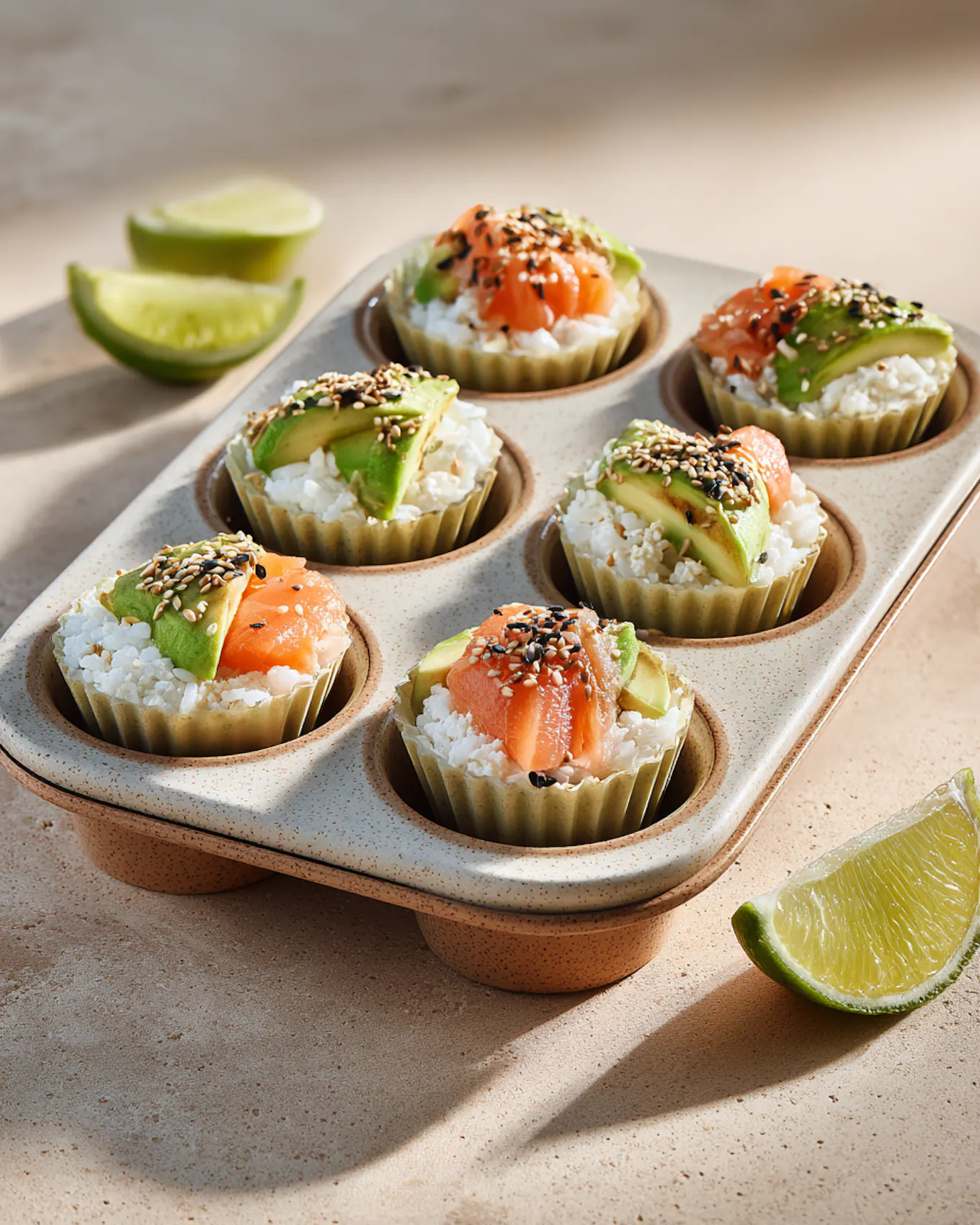 moderne Sushi-Cups ind Muffinförmchen mit Sesam, Avocado und Lachs