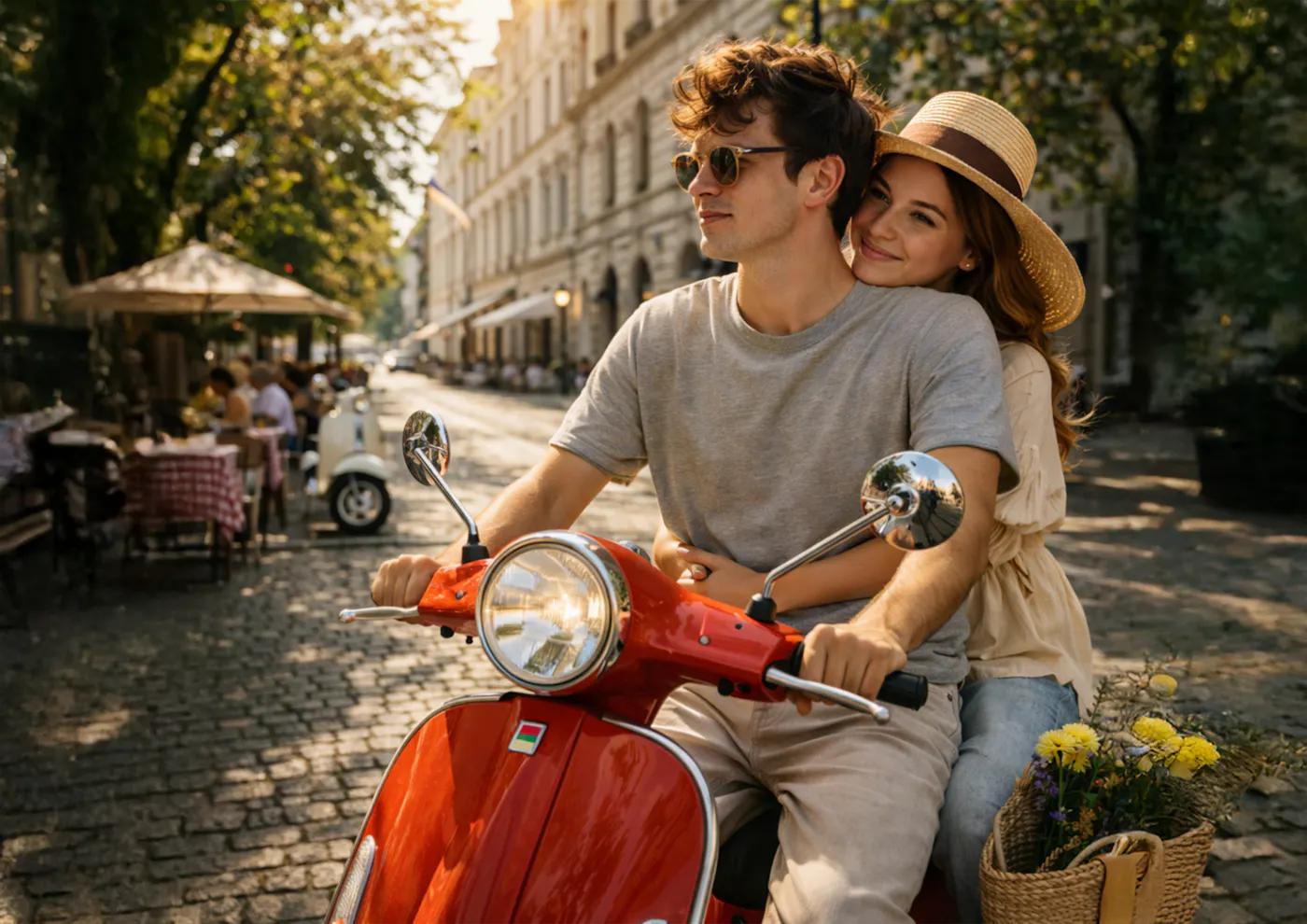 NÖM Cremix Dolce Vita: rote Vespa mit einem jungen Pärchen