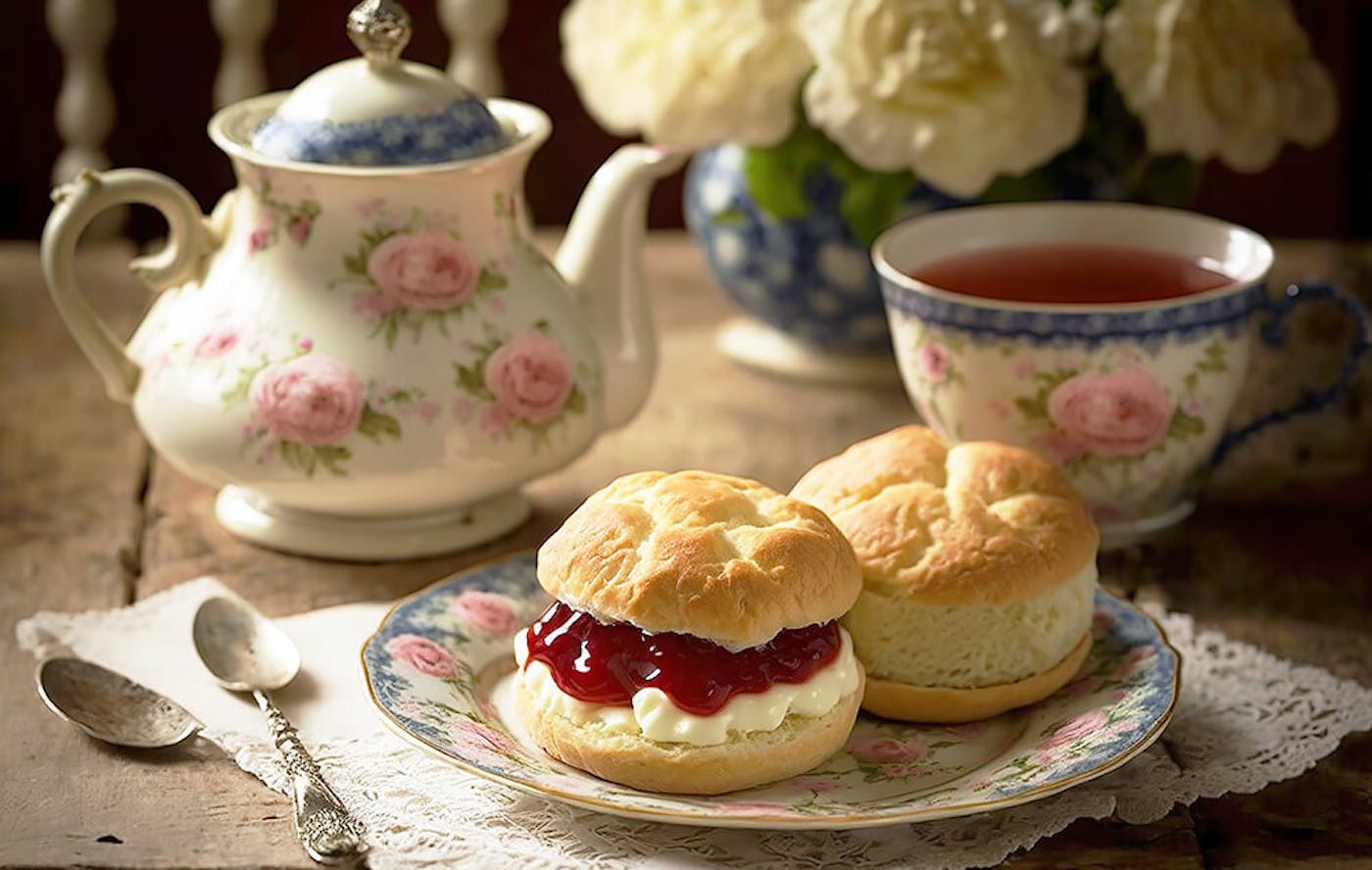 Ein elegantes Teeservice mit Tee steht neben einem Teller mit frischen Scones, die reichlich mit Butter und Marmelade bestrichen sind.
