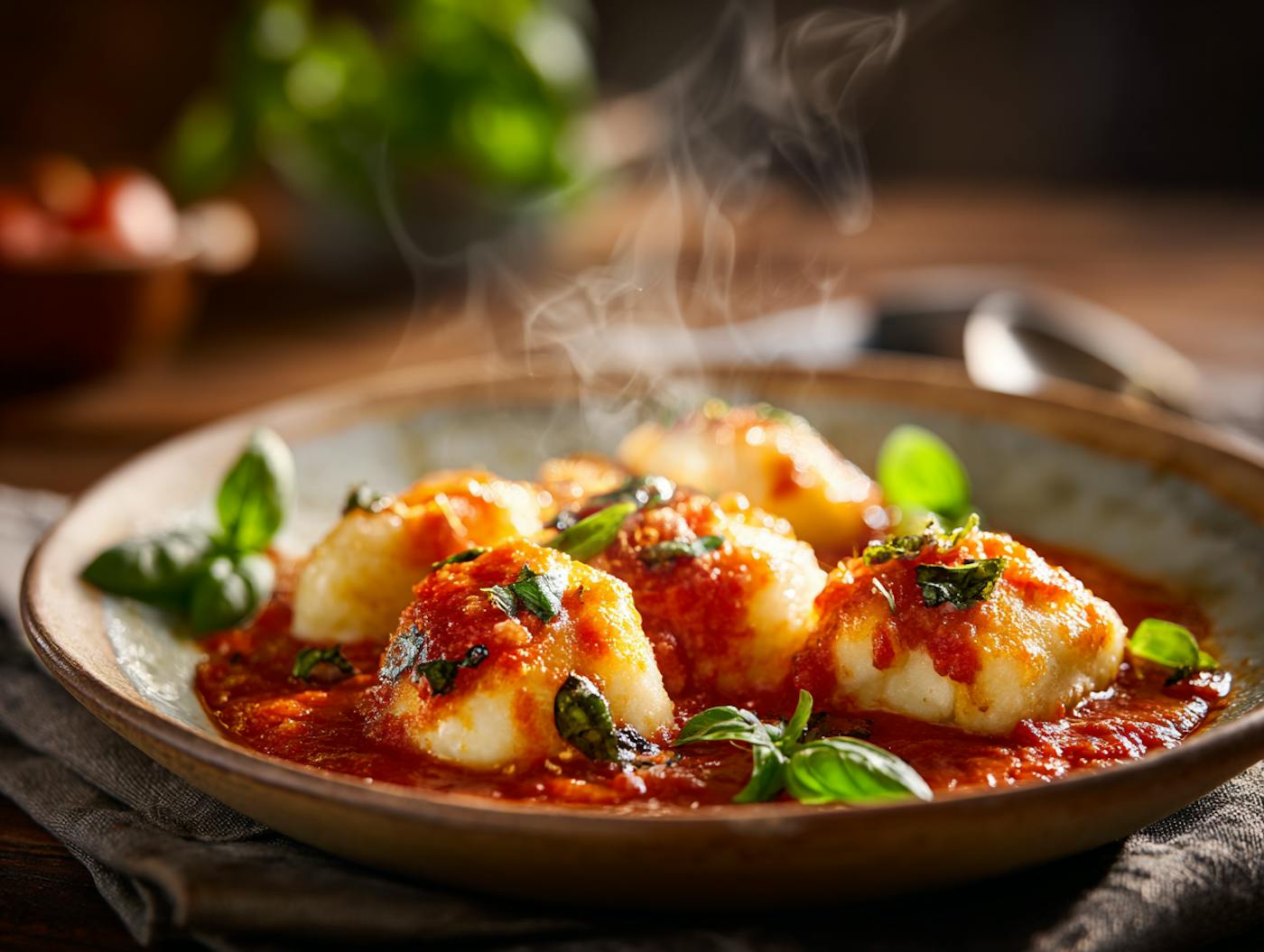 Herzhafte Topfen-Nockerl in Tomatensauce getoppt mit frischem Basilikum