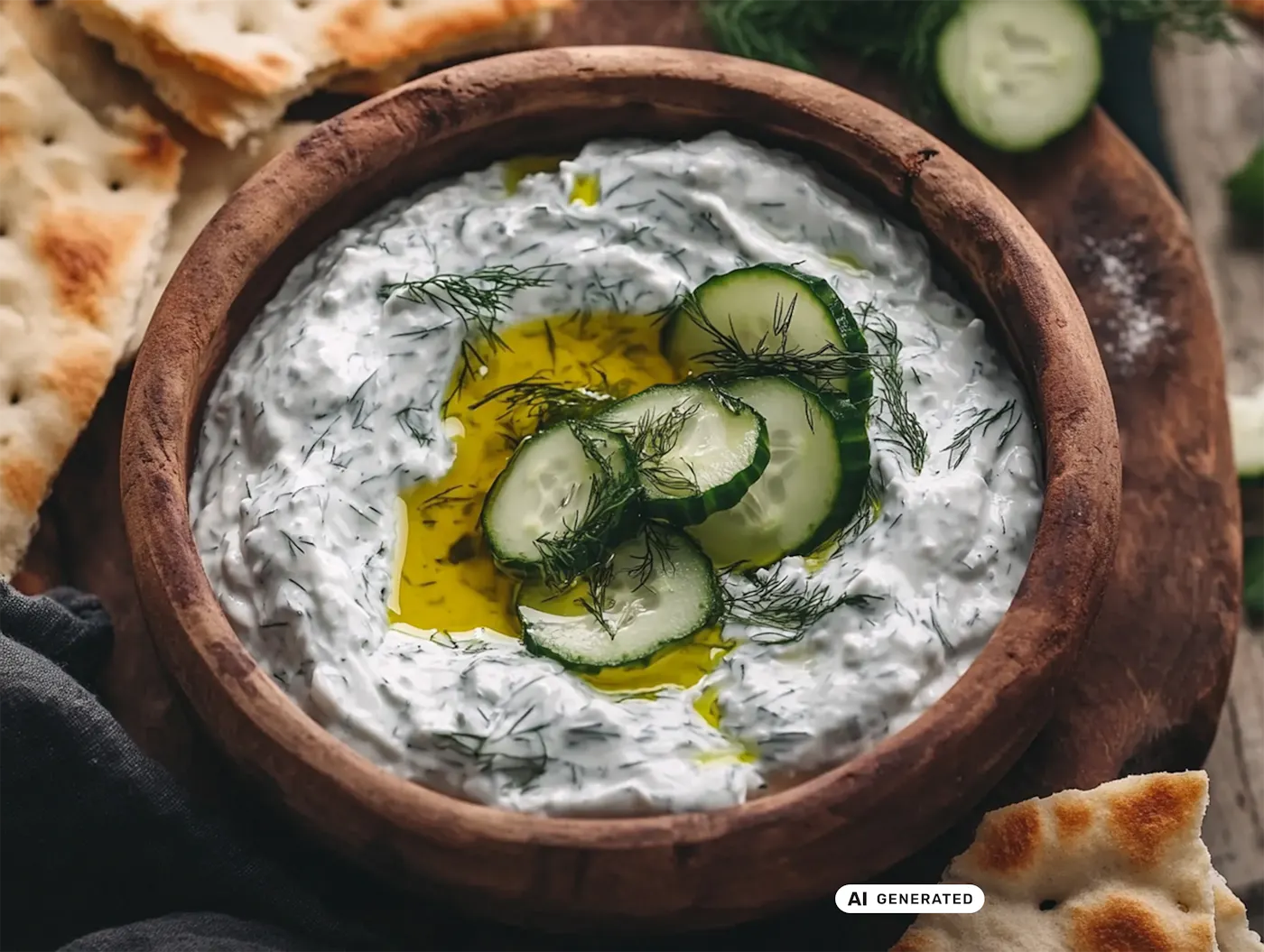 Holzschale mit cremigem Dip, garniert mit Gurkenscheiben und Dill, umgeben von Fladenbrotstücken. - teilweise KI-generiert