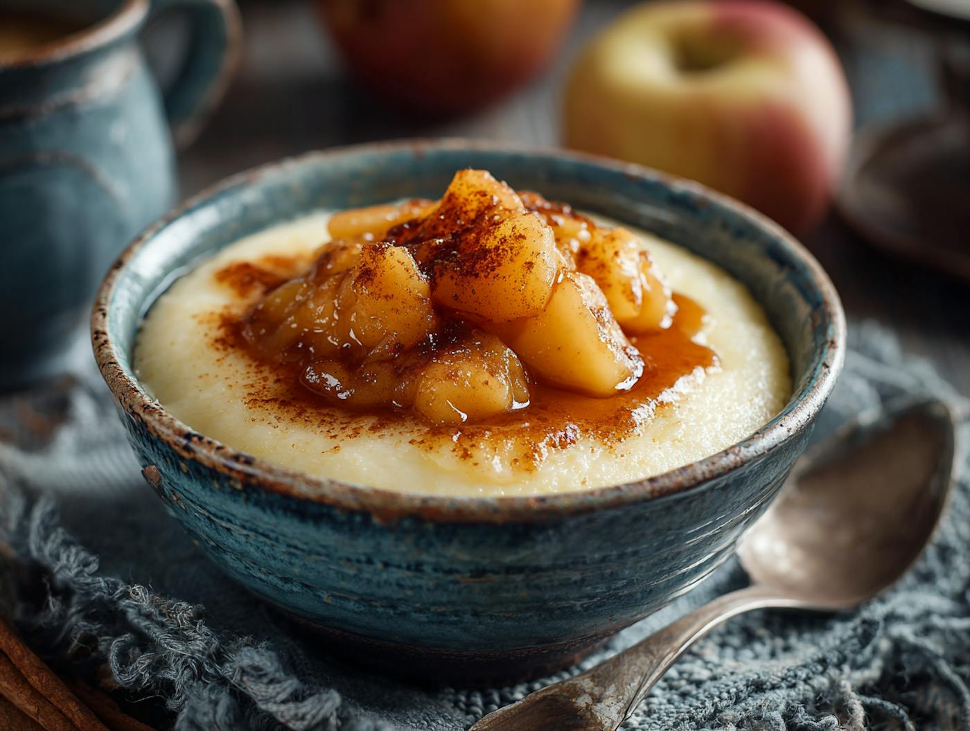 Ein rustikaler Keramikschüssel mit cremigem Porridge oder Grießbrei, liebevoll garniert mit karamellisierten Apfelstücken und einer Prise Zimt. Die warme, goldene Farbpalette des Toppings harmoniert perfekt mit dem natürlichen Look der Schale und dem strukturierten Leinentuch darunter. Im Hintergrund sorgen frische Äpfel und ein weiterer Keramikbecher für eine gemütliche, herbstliche Atmosphäre.