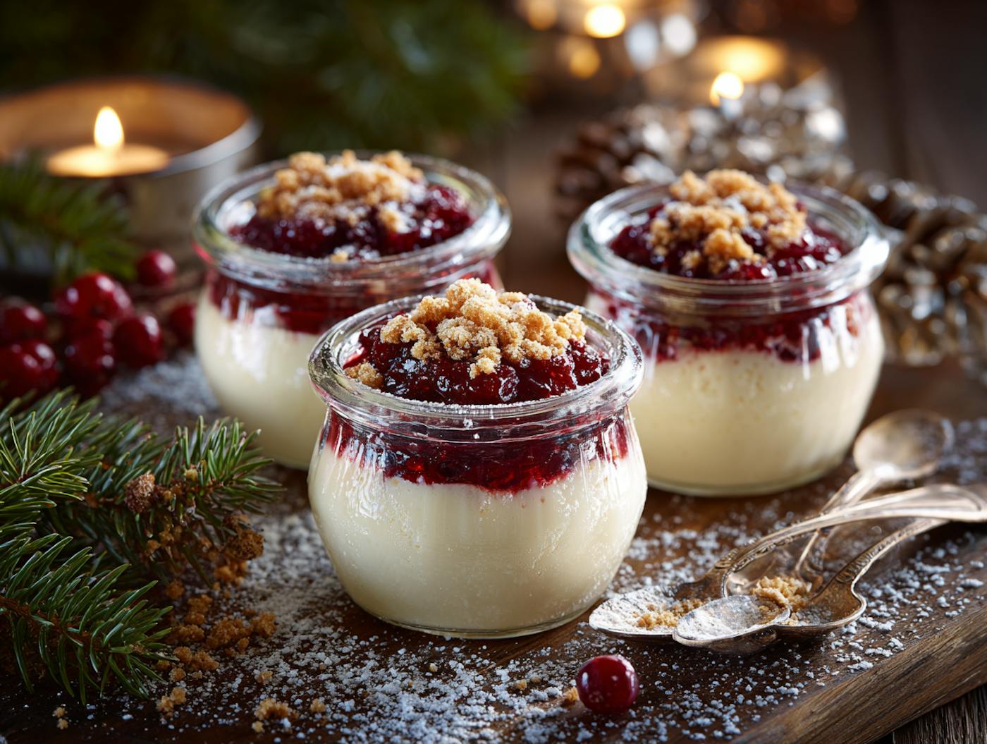 Ein weihnachtliches Dessert aus Vanillekipferl-Panna-Cotta mit Zimt-Kirschkompott im Glas umgeben von weihnachtlicher Dekoration
