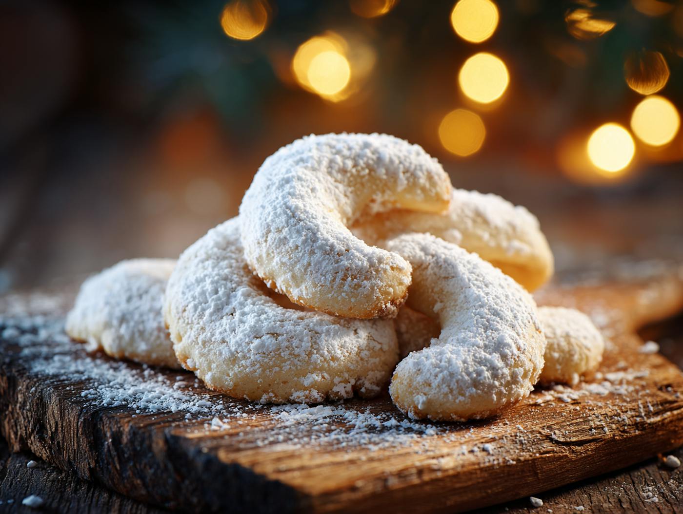 Frisch gebackene Vanillekipferl aus zartem Mürbeteig, goldgelb gebacken und liebevoll in feinem Vanillezucker gewälzt. Die traditionellen Halbmond-Plätzchen liegen auf einem rustikalen Holzbrett.