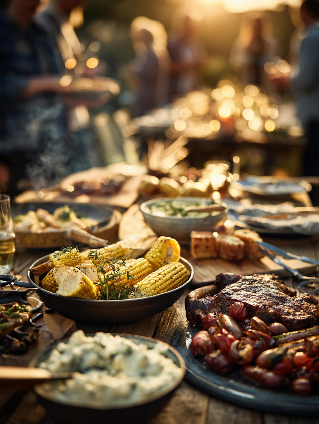 Verschiedene Speisen vom Grill und dazu Milchprodukte als Beilagen