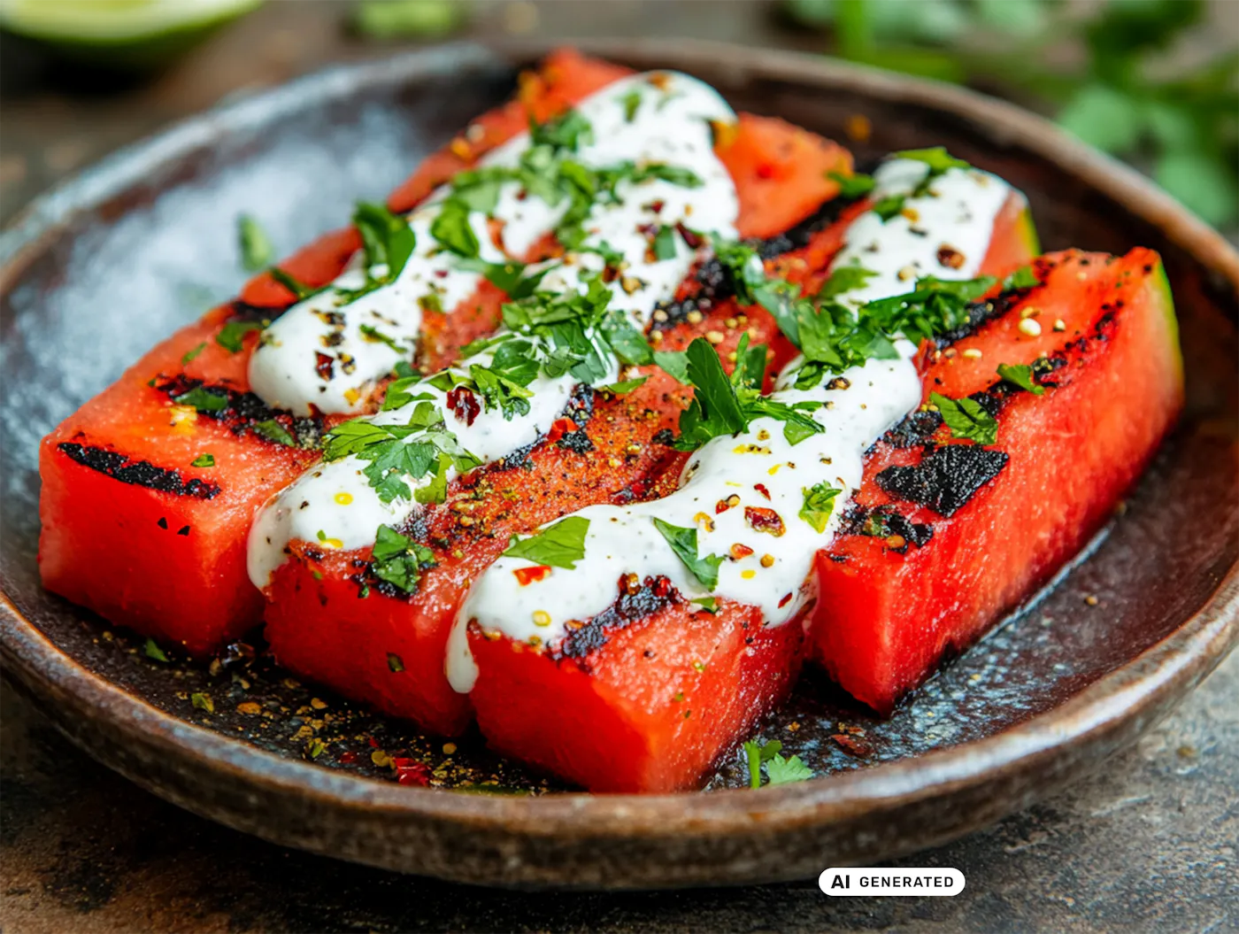 Gegrillte Wassermelonenscheiben mit Grillstreifen, garniert mit weißer Sauce und frischen Kräutern auf einem Teller - teilweise KI-generiert
