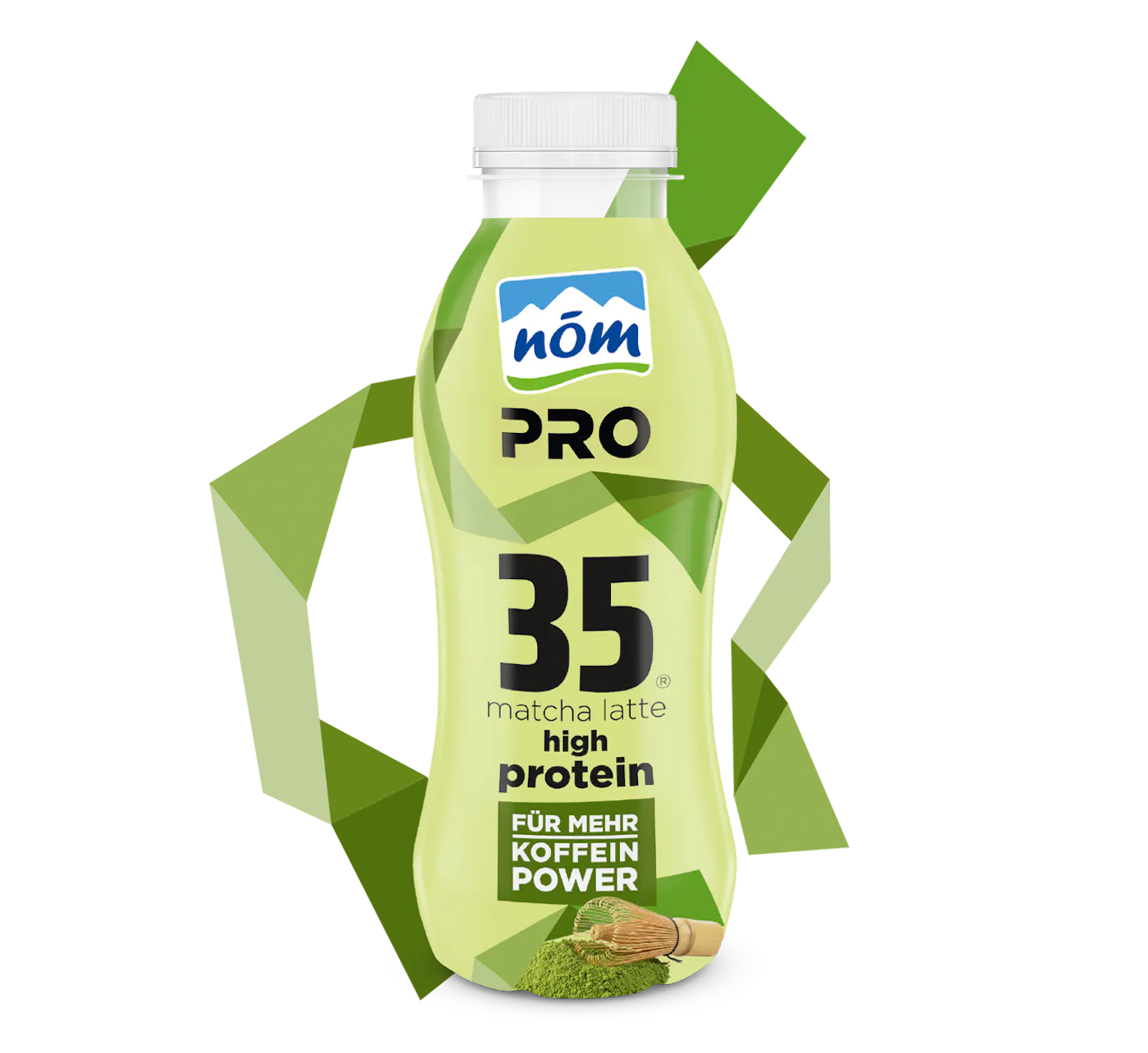 NOEM PRO drink matcha latte Eine grüne Flasche NÖM PRO Proteindrink mit dem Geschmack Matcha Latte