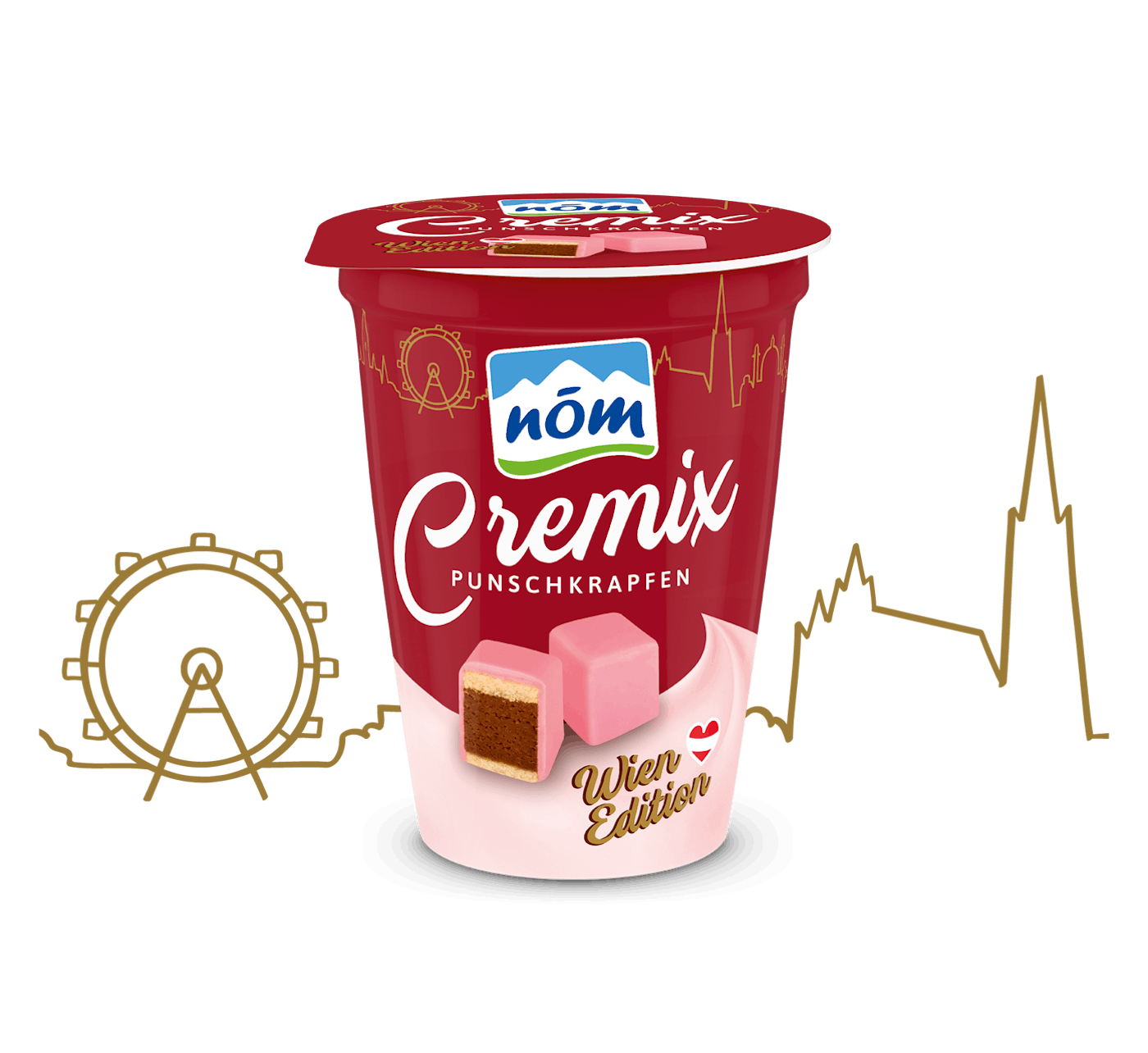 Roter Becher NÖM Cremix Punschkrapfen, mit Punschkrapfen-Abbildung, Aufschrift „Wien Edition“, goldene Skyline- und Riesenrad-Grafik im Hintergrund. Roter Becher NÖM Cremix Punschkrapfen, mit Punschkrapfen-Abbildung, Aufschrift „Wien Edition“, goldene Skyline- und Riesenrad-Grafik im Hintergrund.