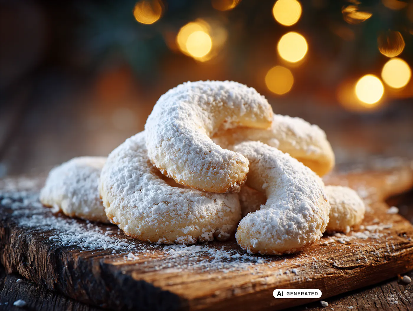 Frisch gebackene Vanillekipferl aus zartem Mürbeteig, goldgelb gebacken und liebevoll in feinem Vanillezucker gewälzt. Die traditionellen Halbmond-Plätzchen liegen auf einem rustikalen Holzbrett. Frisch gebackene Vanillekipferl aus zartem Mürbeteig, goldgelb gebacken und liebevoll in feinem Vanillezucker gewälzt. Die traditionellen Halbmond-Plätzchen liegen auf einem rustikalen Holzbrett. - teilweise KI-generiert