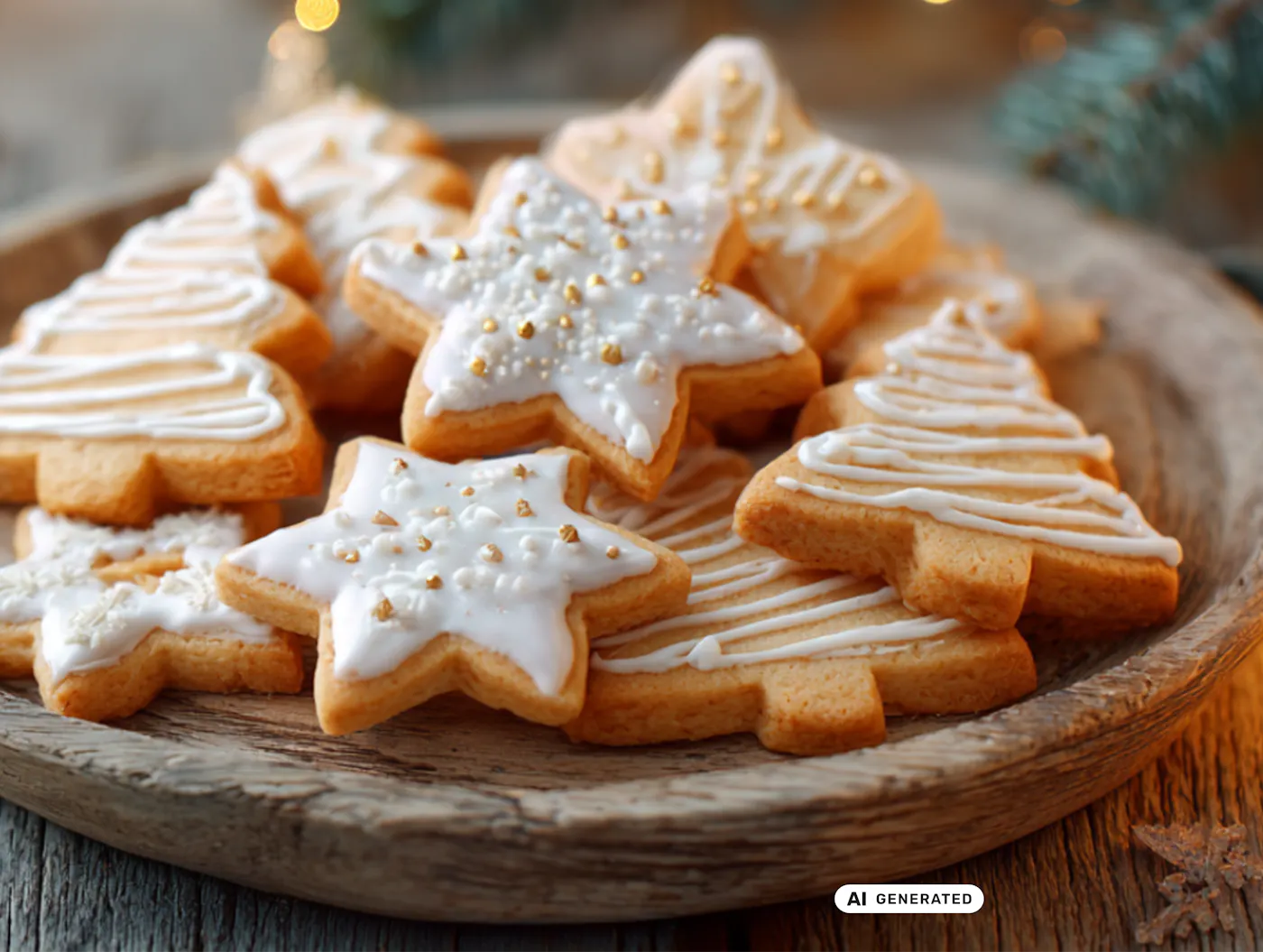 Auf einem rustikalen Holztisch liegt ein runder Holz-Teller, gefüllt mit weihnachtlich dekorierten Keksen. Die Kekse sind in Form von Sternen und Tannenbäumen gebacken und mit weißem Zuckerguss verziert. Einige der Sternkekse sind zusätzlich mit kleinen g Auf einem rustikalen Holztisch liegt ein runder Holz-Teller, gefüllt mit weihnachtlich dekorierten Keksen. Die Kekse sind in Form von Sternen und Tannenbäumen gebacken und mit weißem Zuckerguss verziert. Einige der Sternkekse sind zusätzlich mit kleinen goldenen Zuckerperlen geschmückt. Im Hintergrund sind verschwommene Weihnachtslichter und grüne Tannenzweige zu sehen, die eine warme und festliche Atmosphäre schaffen - teilweise KI-generiert